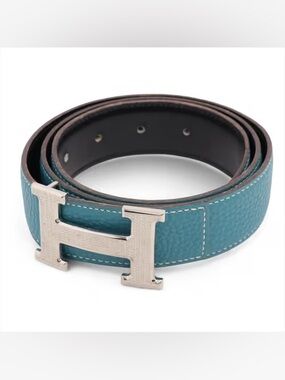 Authentic HERMES H Constance blue black leather reversible belt 80cm